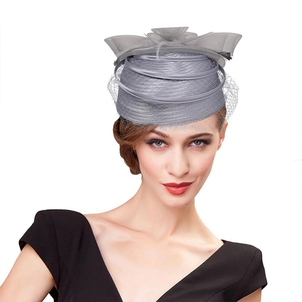 9470 Feather Fascinator Hat Pillbox Derby Hats with Veil Clip Vintage